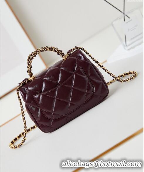 New Release Creation Chanel Lambskin Mini Flap bag with Top Handle AS5032 Dark Burgundy 2024