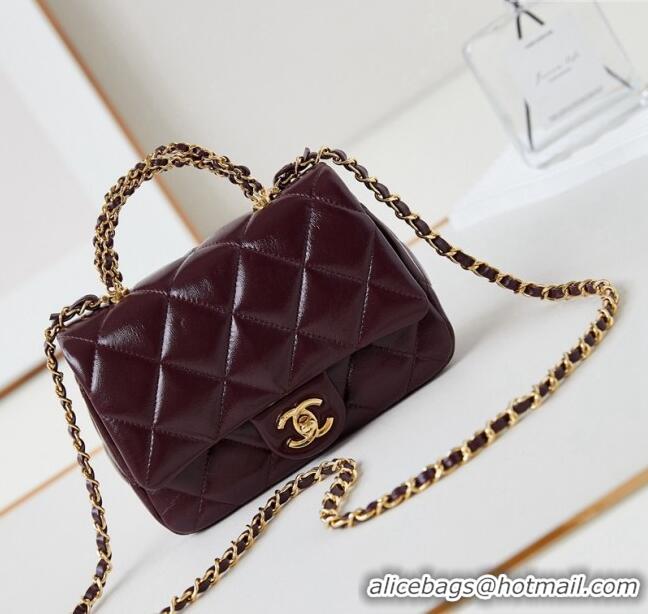 New Release Creation Chanel Lambskin Mini Flap bag with Top Handle AS5032 Dark Burgundy 2024