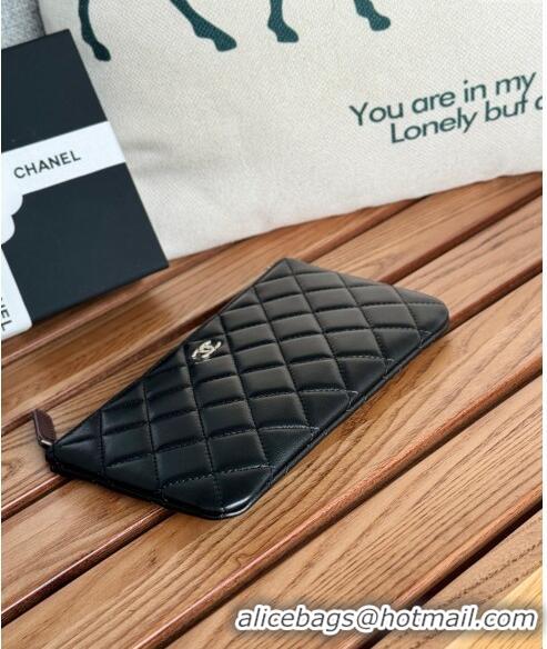 New Release Creation Chanel Lambskin Classic Zipped Pouch AP1071 Black/Silver 2024