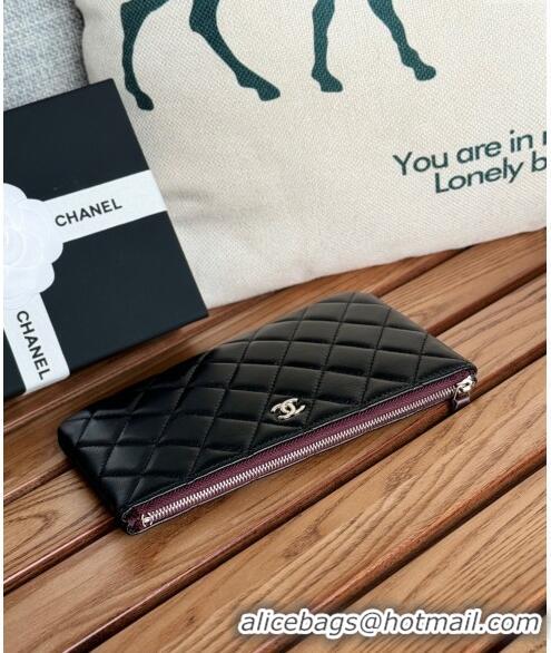 New Release Creation Chanel Lambskin Classic Zipped Pouch AP1071 Black/Silver 2024