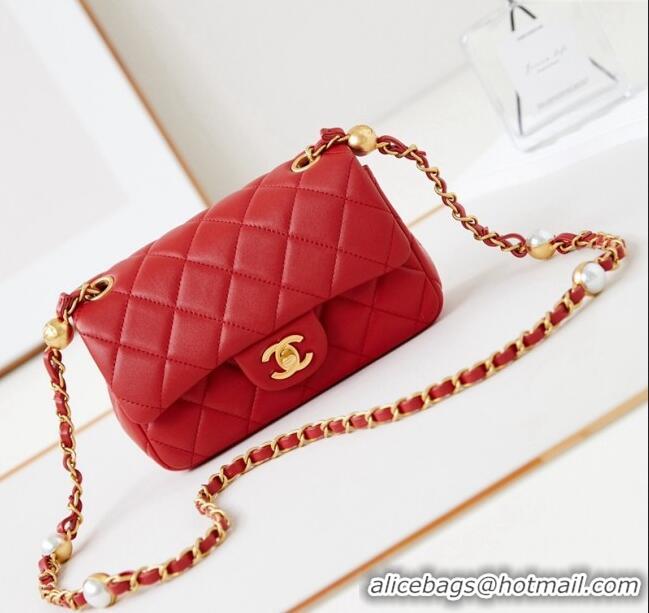 Grade Design Chanel Shiny Lambskin Mini Flap Bag with Metal Pearl AS4947 Red 2024