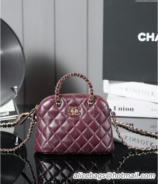 New Stylish Chanel Shiny Lambskin Clutch with Chain and Top Handle AP3354 Burgundy 2024