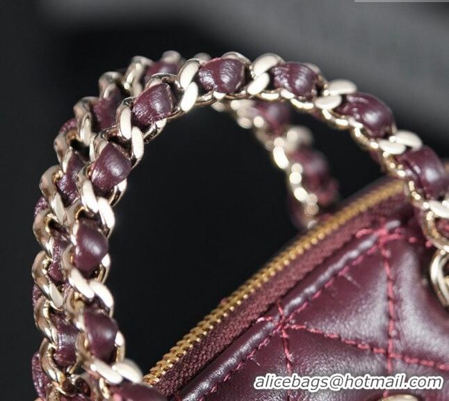 New Stylish Chanel Shiny Lambskin Clutch with Chain and Top Handle AP3354 Burgundy 2024