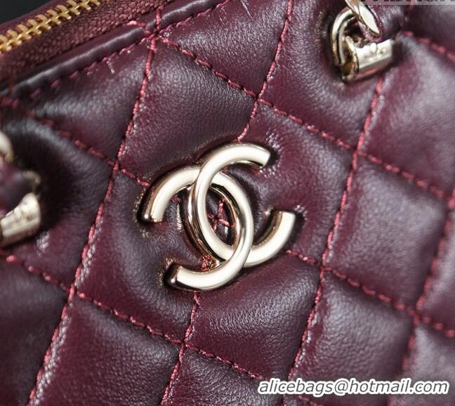 New Stylish Chanel Shiny Lambskin Clutch with Chain and Top Handle AP3354 Burgundy 2024