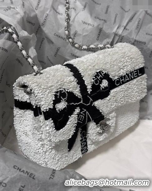 Spot Discount Chanel Sequins Mini Flap bag with Bow 0830 White 2024