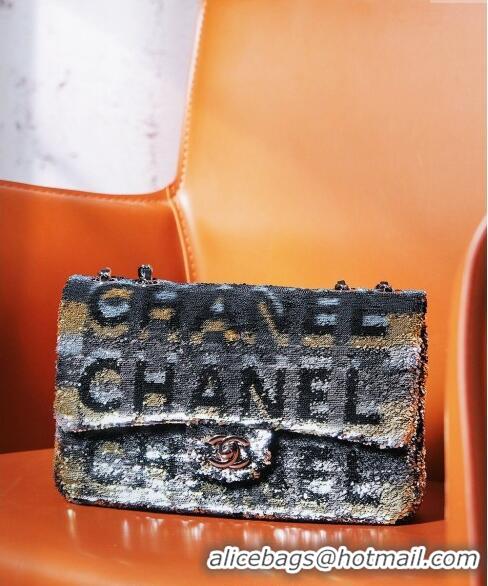 Top Grade Chanel Sequins Logo Medium Flap Bag CH0098 Black 2024