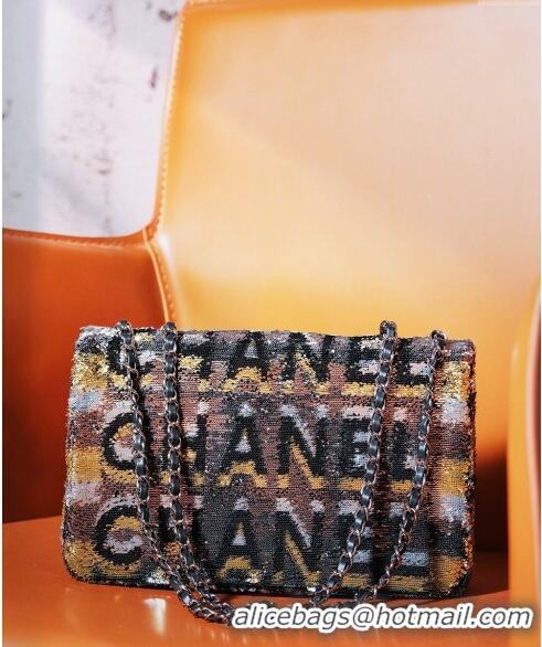 Top Grade Chanel Sequins Logo Medium Flap Bag CH0098 Black 2024