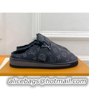 Best Grade Louis Vuitton LV Cosy Flat Comfort Clog Mules in Black Monogram Canvas and Wool 905098