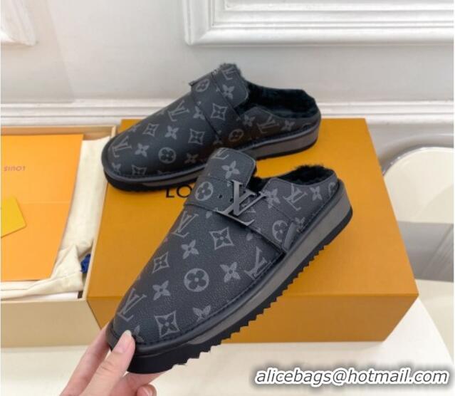 Best Grade Louis Vuitton LV Cosy Flat Comfort Clog Mules in Black Monogram Canvas and Wool 905098