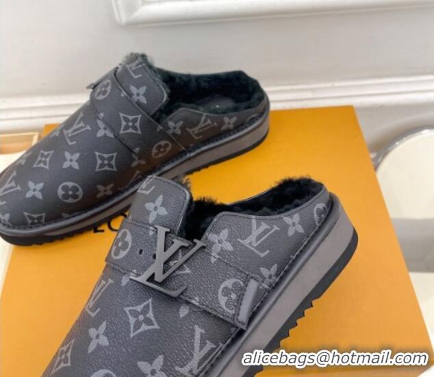 Best Grade Louis Vuitton LV Cosy Flat Comfort Clog Mules in Black Monogram Canvas and Wool 905098