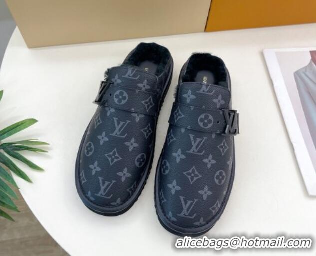 Best Grade Louis Vuitton LV Cosy Flat Comfort Clog Mules in Black Monogram Canvas and Wool 905098