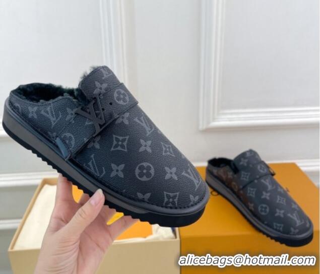 Best Grade Louis Vuitton LV Cosy Flat Comfort Clog Mules in Black Monogram Canvas and Wool 905098