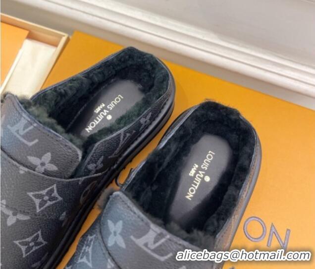 Best Grade Louis Vuitton LV Cosy Flat Comfort Clog Mules in Black Monogram Canvas and Wool 905098