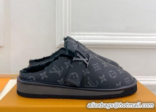 Best Grade Louis Vuitton LV Cosy Flat Comfort Clog Mules in Black Monogram Canvas and Wool 905098