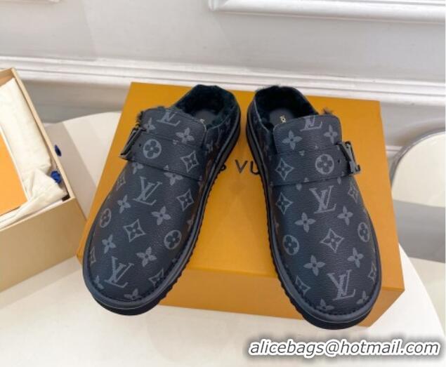 Best Grade Louis Vuitton LV Cosy Flat Comfort Clog Mules in Black Monogram Canvas and Wool 905098