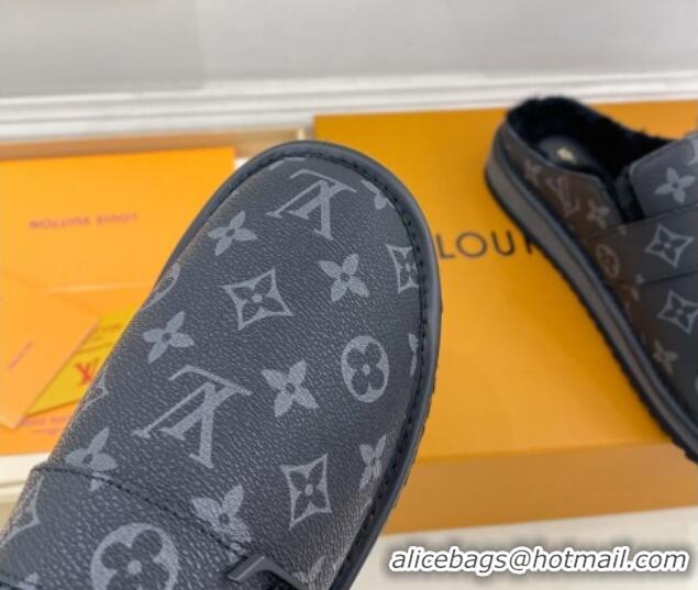 Best Grade Louis Vuitton LV Cosy Flat Comfort Clog Mules in Black Monogram Canvas and Wool 905098