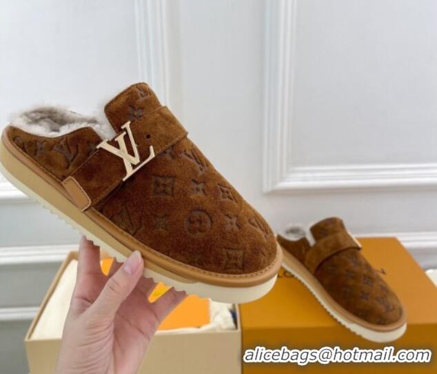 Good Quality Louis Vuitton LV Cosy Flat Comfort Clog Mules in Suede and Wool Brown 905099