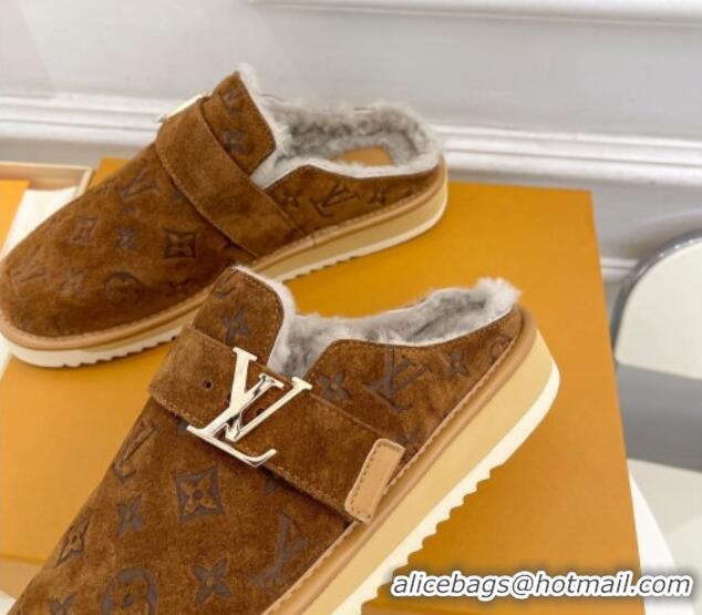 Good Quality Louis Vuitton LV Cosy Flat Comfort Clog Mules in Suede and Wool Brown 905099