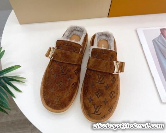 Good Quality Louis Vuitton LV Cosy Flat Comfort Clog Mules in Suede and Wool Brown 905099