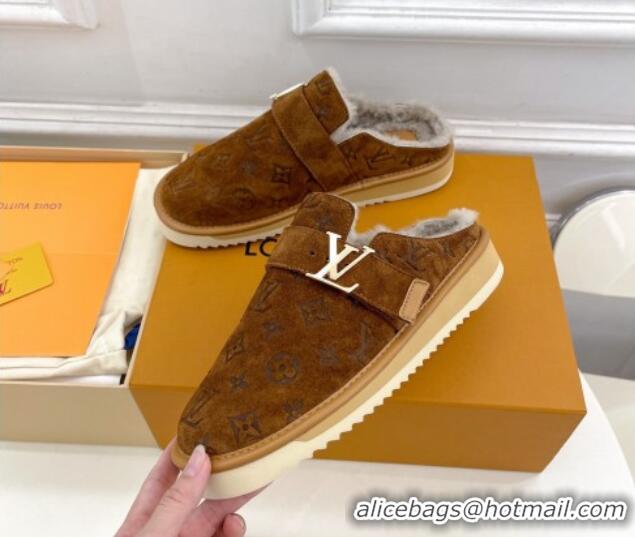 Good Quality Louis Vuitton LV Cosy Flat Comfort Clog Mules in Suede and Wool Brown 905099