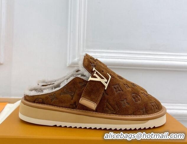 Good Quality Louis Vuitton LV Cosy Flat Comfort Clog Mules in Suede and Wool Brown 905099