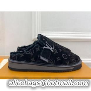 Low Price Louis Vuitton LV Cosy Flat Comfort Clog Mules in Suede and Wool Black 905100