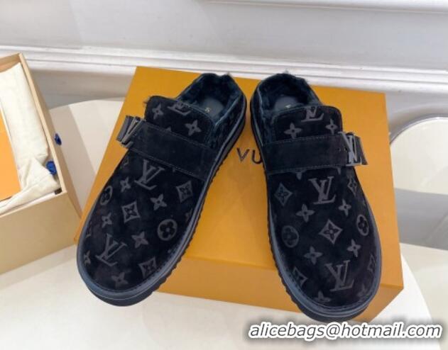 Low Price Louis Vuitton LV Cosy Flat Comfort Clog Mules in Suede and Wool Black 905100