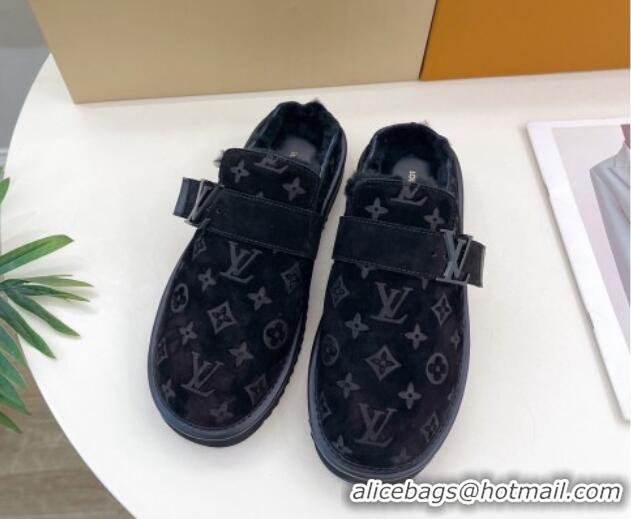 Low Price Louis Vuitton LV Cosy Flat Comfort Clog Mules in Suede and Wool Black 905100