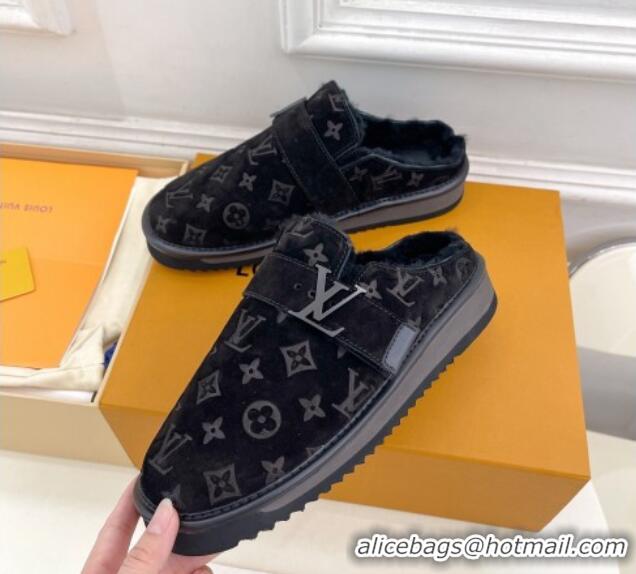 Low Price Louis Vuitton LV Cosy Flat Comfort Clog Mules in Suede and Wool Black 905100