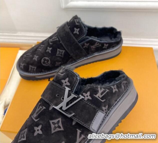 Low Price Louis Vuitton LV Cosy Flat Comfort Clog Mules in Suede and Wool Black 905100