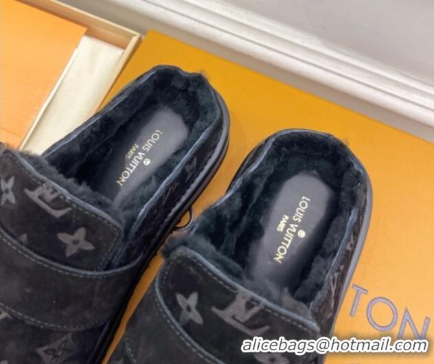 Low Price Louis Vuitton LV Cosy Flat Comfort Clog Mules in Suede and Wool Black 905100