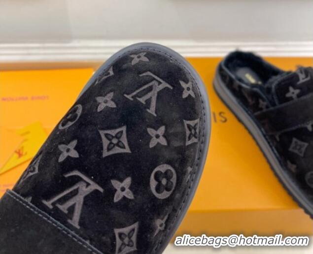 Low Price Louis Vuitton LV Cosy Flat Comfort Clog Mules in Suede and Wool Black 905100