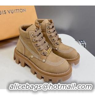 Shop Duplicate Louis Vuitton LV Checker Lace-up Ankle Boots 5cm in Suede Dark Beige 905109