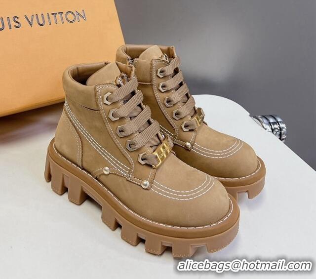 Shop Duplicate Louis Vuitton LV Checker Lace-up Ankle Boots 5cm in Suede Dark Beige 905109