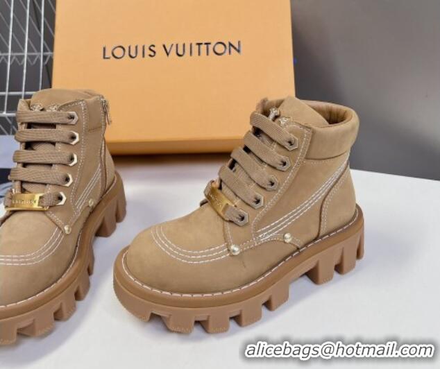 Shop Duplicate Louis Vuitton LV Checker Lace-up Ankle Boots 5cm in Suede Dark Beige 905109