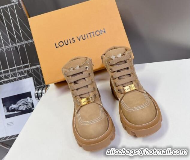 Shop Duplicate Louis Vuitton LV Checker Lace-up Ankle Boots 5cm in Suede Dark Beige 905109