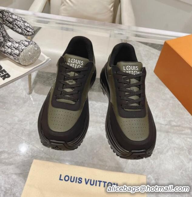 Popular Style Louis Vuitton Men's Signature Grained Leather Sneakers Green 905111