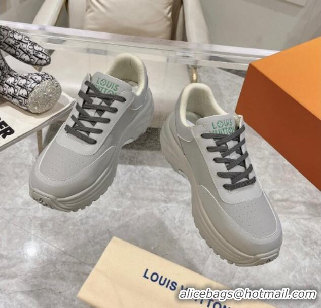 Buy Discount Louis Vuitton Men's Signature Grained Leather Sneakers Light Grey 905112