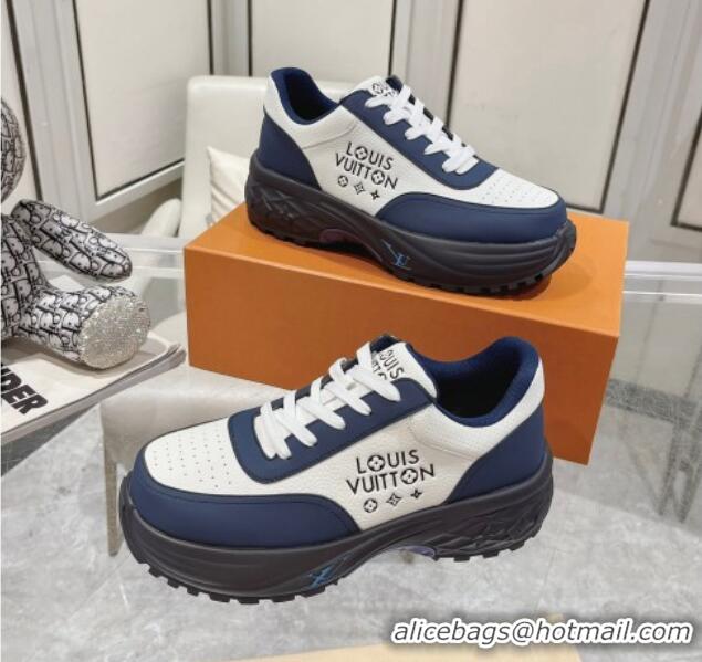 Grade Louis Vuitton Men's Signature Grained Leather Sneakers Blue/White 905115