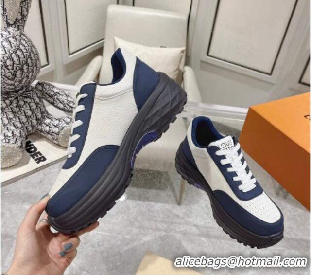 Grade Louis Vuitton Men's Signature Grained Leather Sneakers Blue/White 905115