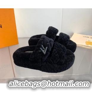 Top Grade Louis Vuitton LV Sunset Platform Comfort Slides Sandal 5cm in Wool Black 905116