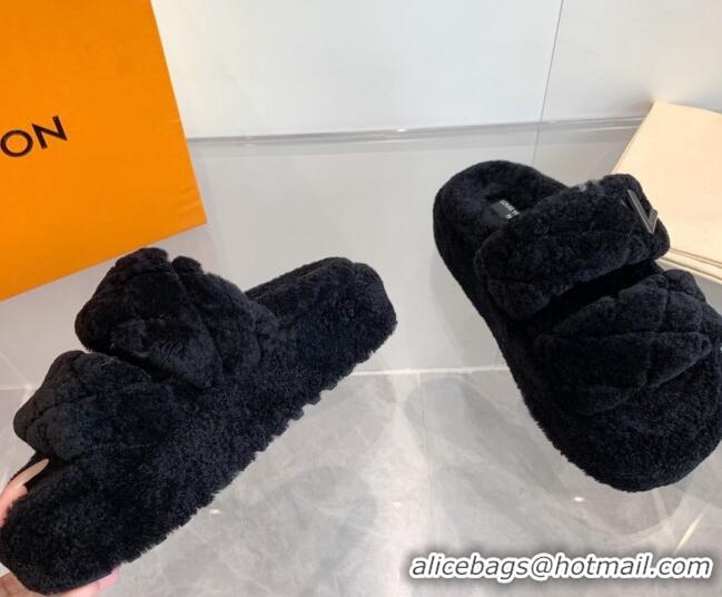 Top Grade Louis Vuitton LV Sunset Platform Comfort Slides Sandal 5cm in Wool Black 905116