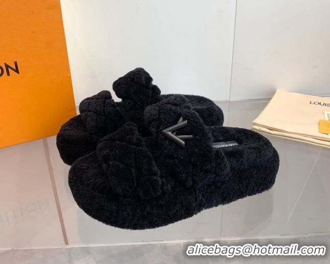 Top Grade Louis Vuitton LV Sunset Platform Comfort Slides Sandal 5cm in Wool Black 905116