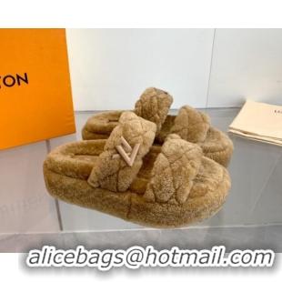 Best Grade Louis Vuitton LV Sunset Platform Comfort Slides Sandal 5cm in Wool Light Brown 905118