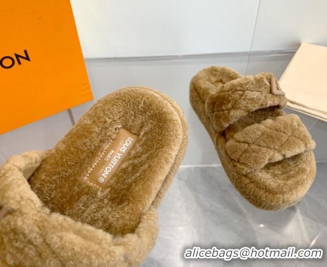 Best Grade Louis Vuitton LV Sunset Platform Comfort Slides Sandal 5cm in Wool Light Brown 905118