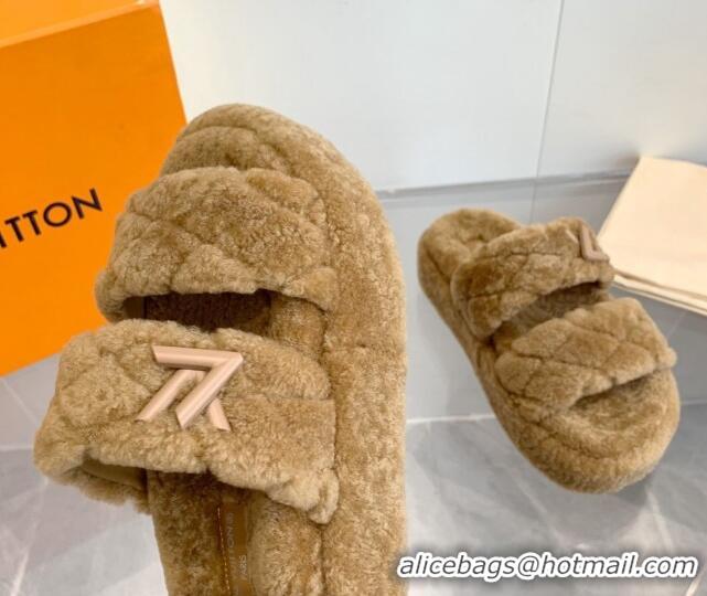 Best Grade Louis Vuitton LV Sunset Platform Comfort Slides Sandal 5cm in Wool Light Brown 905118