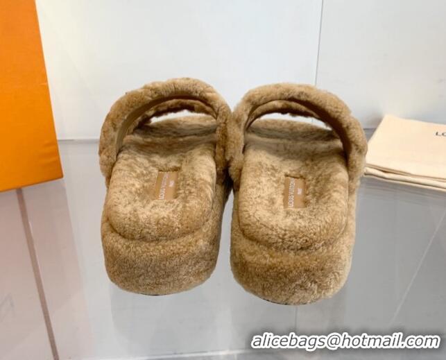 Best Grade Louis Vuitton LV Sunset Platform Comfort Slides Sandal 5cm in Wool Light Brown 905118