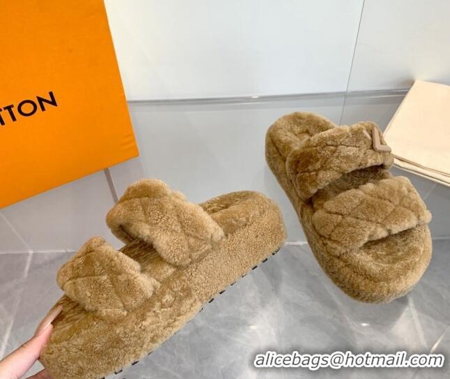 Best Grade Louis Vuitton LV Sunset Platform Comfort Slides Sandal 5cm in Wool Light Brown 905118