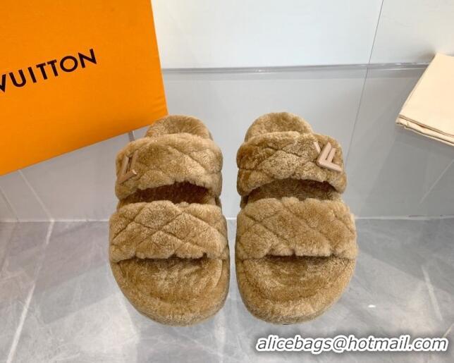 Best Grade Louis Vuitton LV Sunset Platform Comfort Slides Sandal 5cm in Wool Light Brown 905118