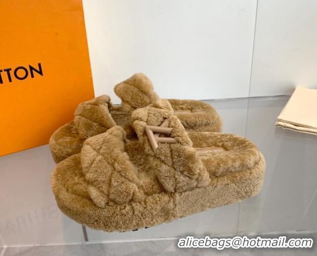 Best Grade Louis Vuitton LV Sunset Platform Comfort Slides Sandal 5cm in Wool Light Brown 905118